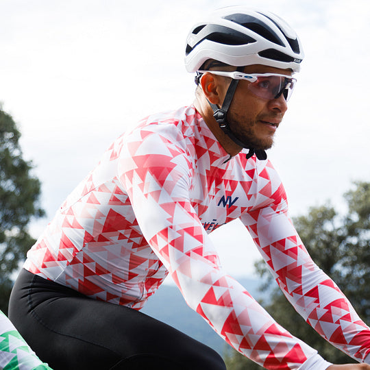 Cycling Red Geometric Long Sleeve Jersey – Aero Fit High-Performance Road | Nomad Vélo