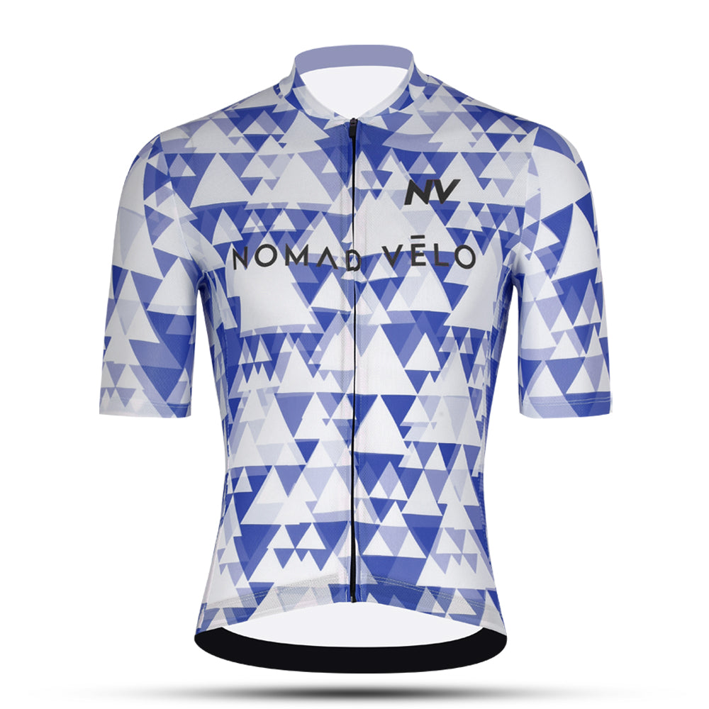 Cycling Blue Aero Jersey – Short Sleeve Race Fit Geometric Pattern Fast Rides | Nomad Vélo
