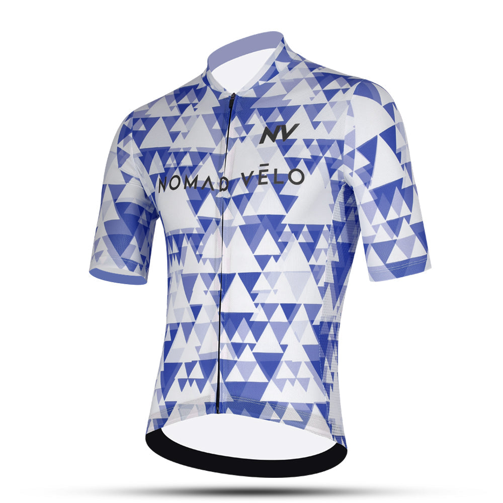 Cycling Blue Aero Jersey – Short Sleeve Race Fit Geometric Pattern Fast Rides | Nomad Vélo