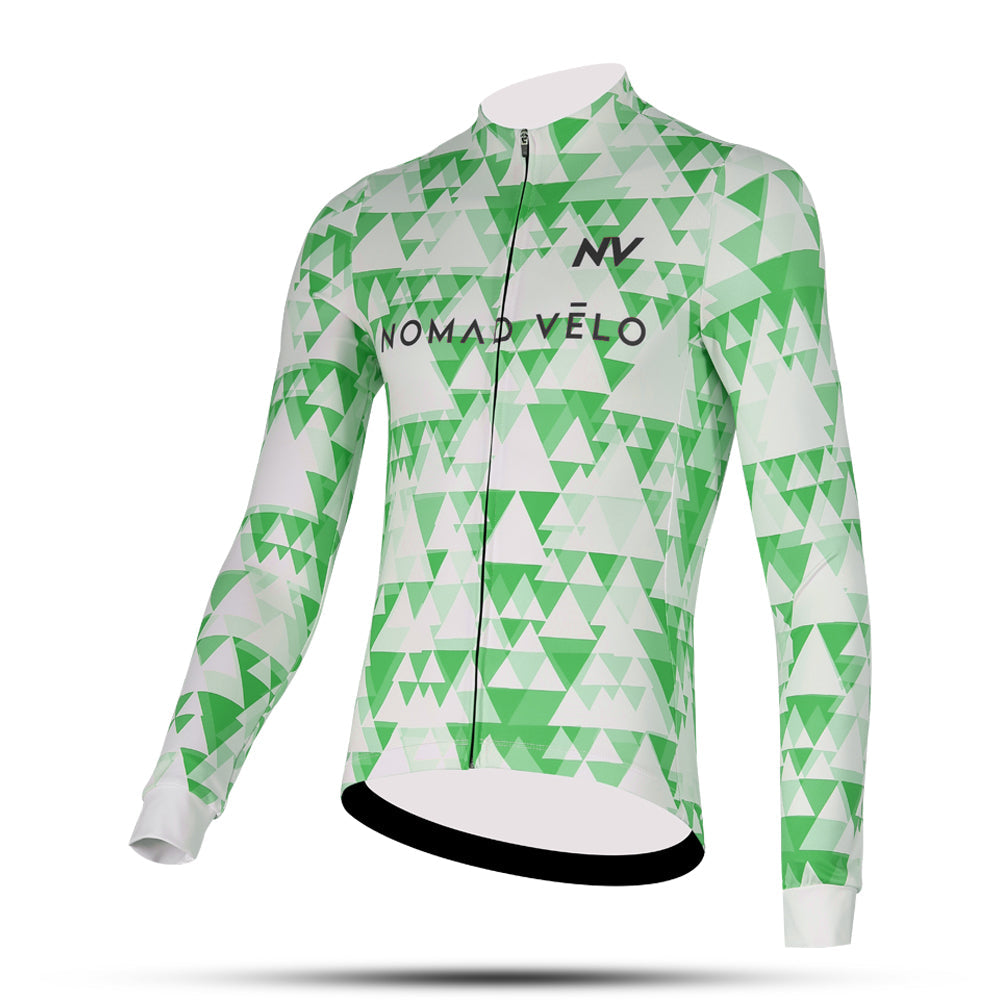Cycling Green Geometric Long Sleeve Jersey – Aero Fit High-Performance Road | Nomad Vélo