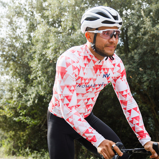 Cycling Red Geometric Long Sleeve Jersey – Aero Fit High-Performance Road | Nomad Vélo
