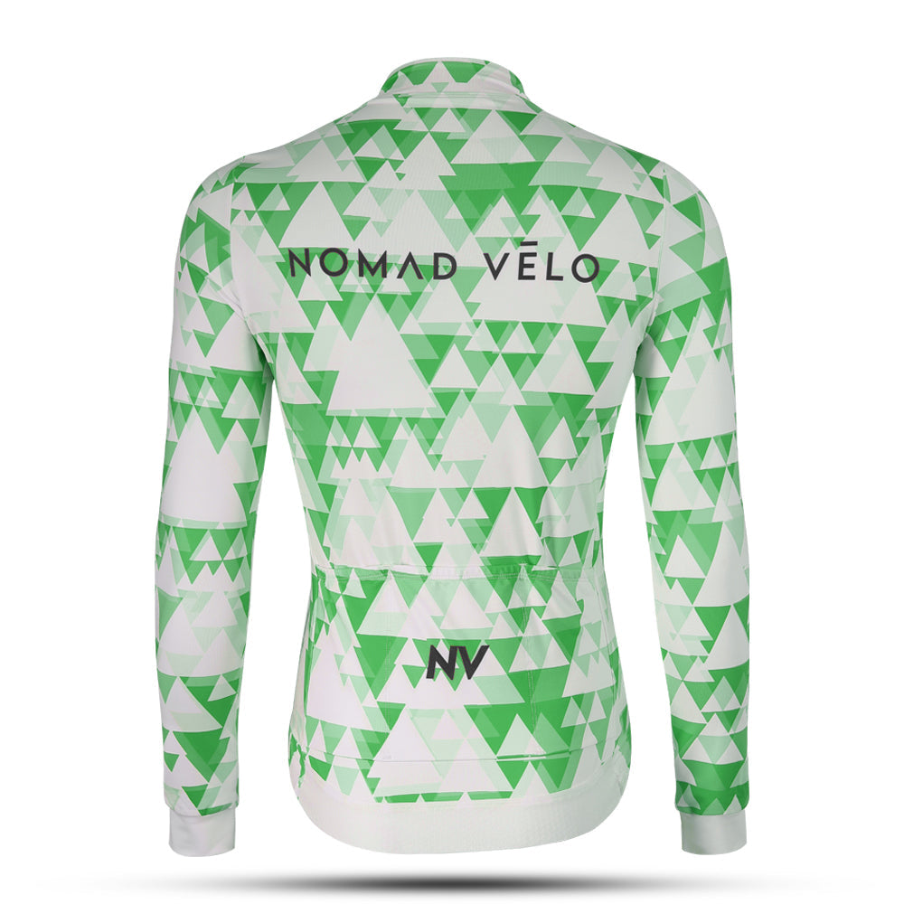 Cycling Green Geometric Long Sleeve Jersey – Aero Fit High-Performance Road | Nomad Vélo