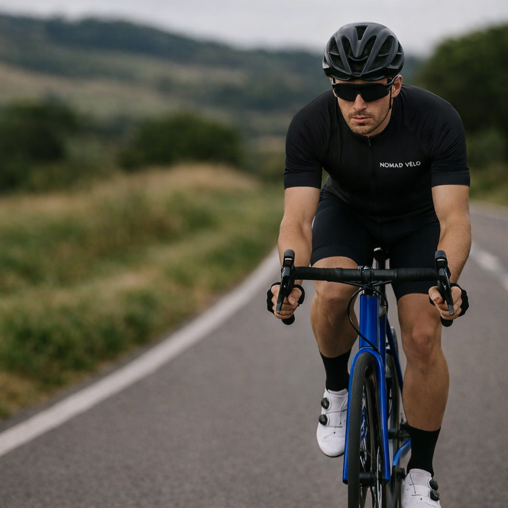 Cyclist riding on a road with a scenic background