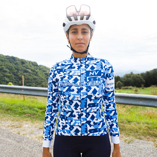 Cycling Blue Camouflage Jersey – Long Sleeve Aero Fit for Climbs | Nomad Vélo
